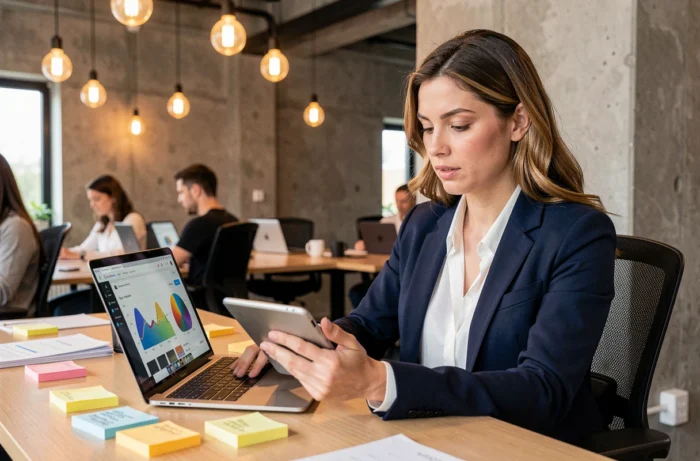 Professionnelle du marketing digital analysant des données sur tablette dans un espace de coworking moderne en 2024
