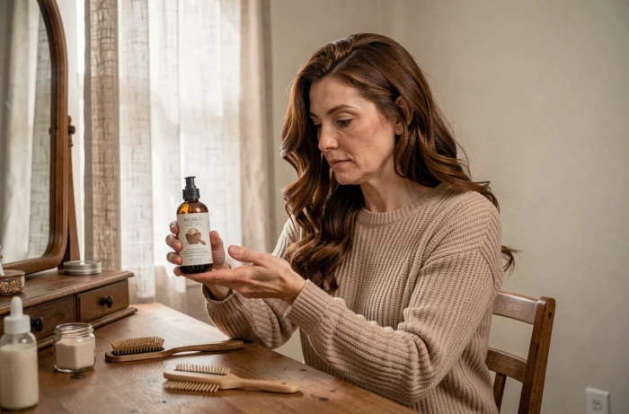 Femme mature examinant un produit de soin pour cheveux forts à sa coiffeuse