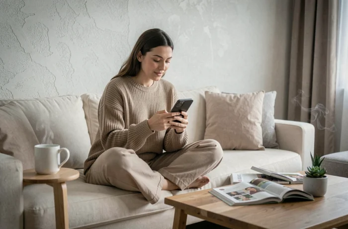 Femme moderne consultant un média féminin en ligne depuis son salon confortable