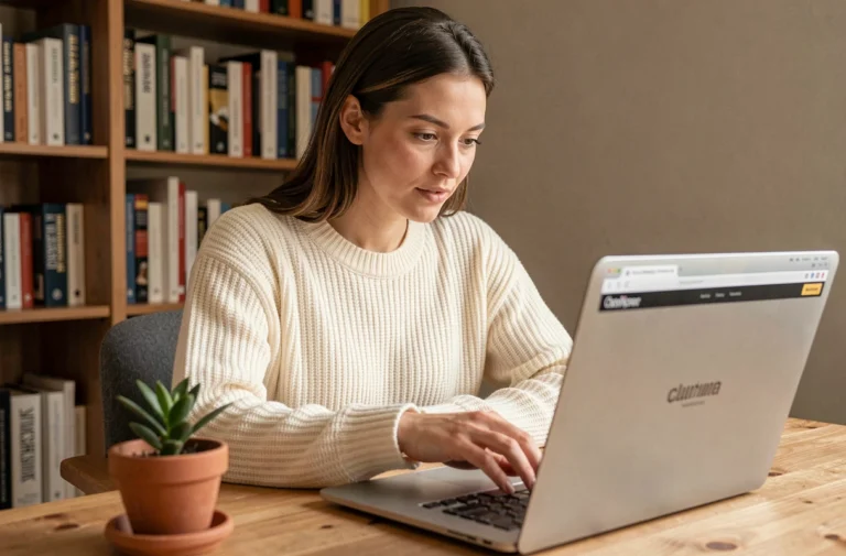 Femme naviguant sur un site internet depuis un bureau en bois dans un bureau à domicile cosy