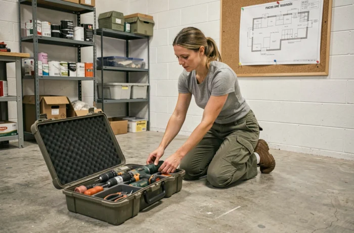 Femme organisant des outils de bricolage dans un atelier bien planifié avec plan au mur