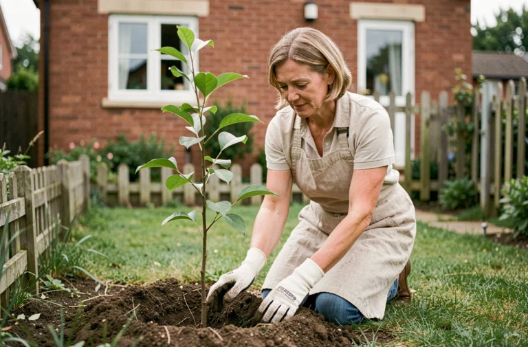 Femme plantant un jeune arbre ornemental dans un jardin résidentiel près d'une maison en briques