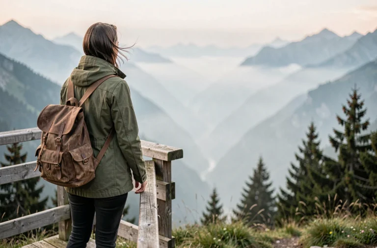 Femme contemplant un panorama de montagne brumeux depuis une plateforme en bois, incarnant le désir de voyager et le syndrome de wanderlust