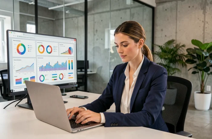 Femme professionnelle contactant une agence digitale depuis son bureau pour améliorer la visibilité en ligne de son entreprise