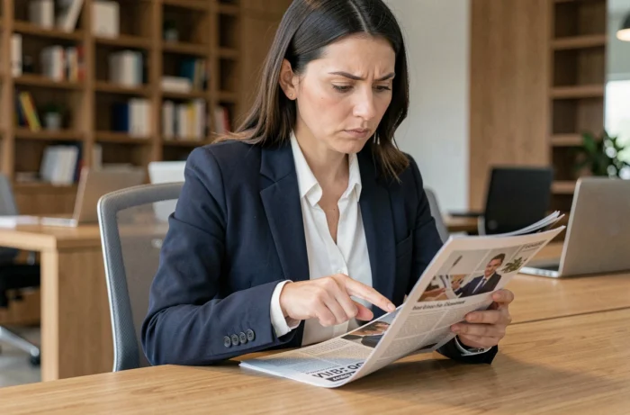 Femme professionnelle lisant attentivement un magazine business à son bureau, illustrant les erreurs à éviter avant de souscrire un abonnement