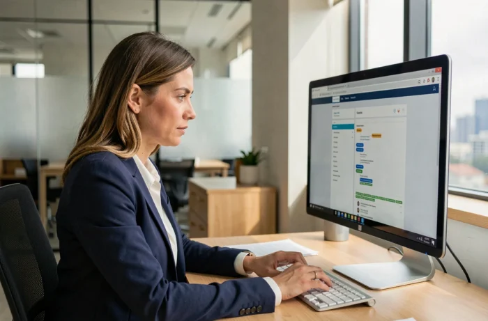 Femme professionnelle naviguant sur le plan du site IQ Business depuis un bureau moderne en open space