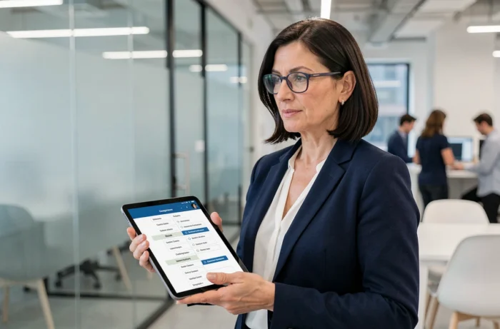 Femme professionnelle consultant un plan de site sur une tablette dans un bureau moderne