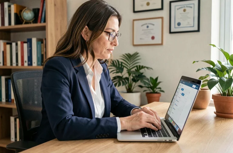 Femme consultant les paramètres de confidentialité sur son ordinateur portable pour protéger ses données personnelles en ligne