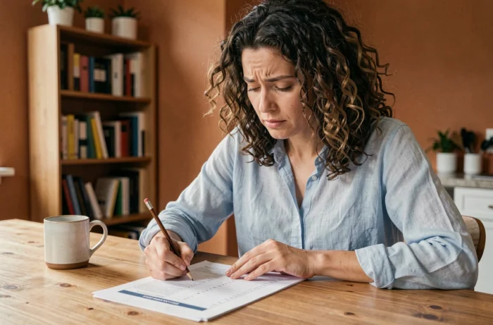 Femme réfléchissant à ses choix politiques en remplissant un quiz imprimé à la maison