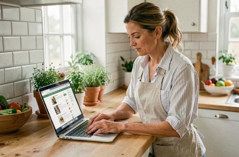 Femme parcourant la carte du site Les Recettes Légères de Chrissy sur un ordinateur portable dans une cuisine moderne