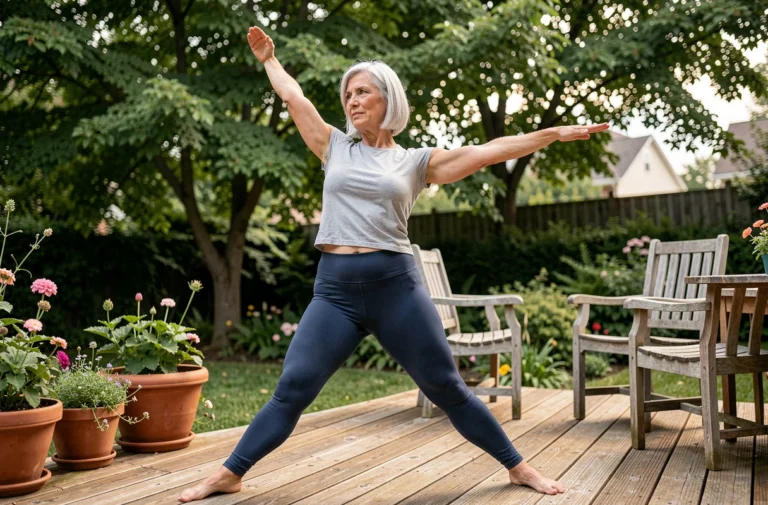 Femme de 60 ans pratiquant le yoga sur une terrasse en bois entourée d'un jardin verdoyant pour préserver sa santé
