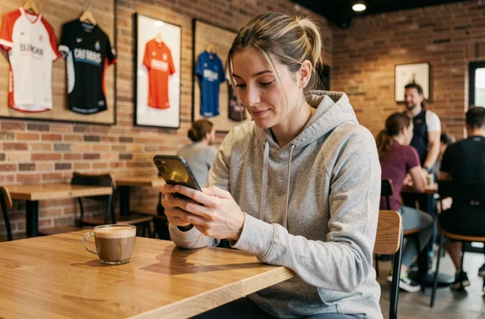 Femme sportive consultant une application de rencontre pour sportifs dans un café moderne, cherchant amour et amitié