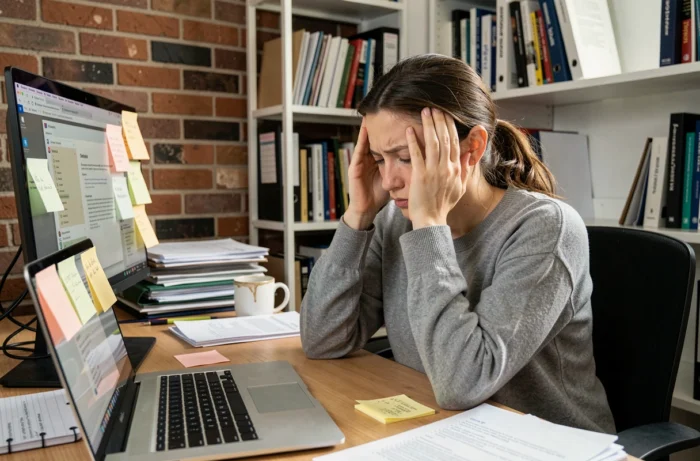 Femme stressée submergée par la surcharge informationnelle devant un bureau encombré de documents et d'écrans d'ordinateur