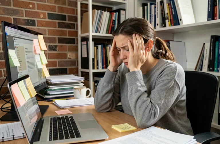 Femme stressée submergée par la surcharge informationnelle devant un bureau encombré de documents et d'écrans d'ordinateur