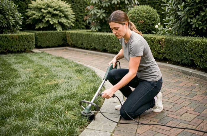 Femme utilisant un taille-bordure électrique pour délimiter proprement les bords d'une allée de jardin