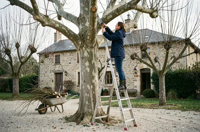 Femme sur un escabeau utilisant une scie à élaguer pour tailler les grosses branches d'un mûrier platane dans un jardin de campagne