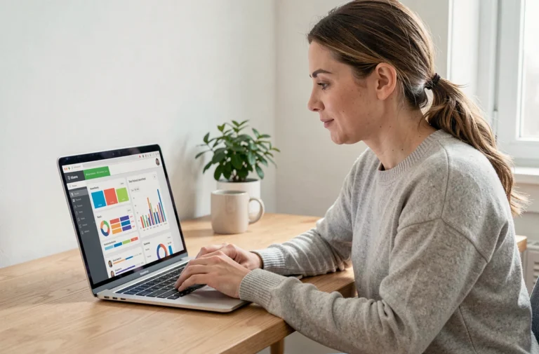 Femme travaillant sur son ordinateur portable avec des tableaux de bord analytiques pour gagner de l'argent en ligne depuis chez elle