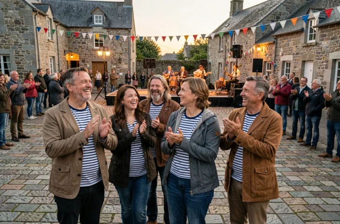 Groupe de personnes assistant à un Fest-Noz traditionnel en plein air sur une place de village bretonne