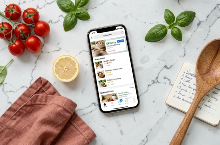 Flat-lay d'un smartphone affichant la carte du site Recettes Légères de Chrissy entouré d'ingrédients frais sur un plan de travail en marbre