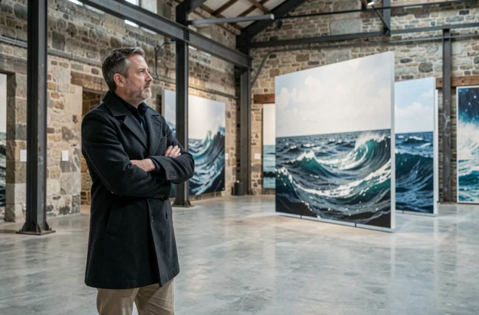 Homme contemplant une installation d'art contemporain dans une galerie bretonne aménagée dans un entrepôt maritime