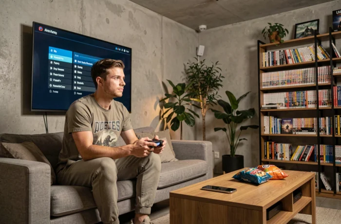 Jeune gamer français en session de jeu dans un salon gaming moderne avec TV grande taille et décoration pop culture