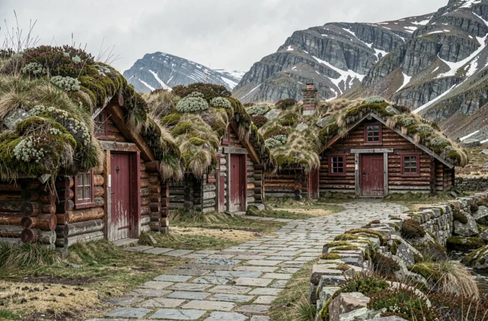 Groupe de maisons norvégiennes historiques aux toits en gazon le long d'un chemin de pierre dans un paysage de montagne