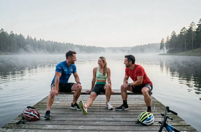 Groupe de sportifs en tenue de triathlon se retrouvant sur un ponton au bord d'un lac, symbolisant amitié et rencontres sportives