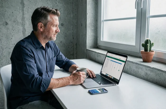 Homme consultant une application bancaire et un tableau de budget sur ordinateur portable dans un bureau à domicile minimaliste