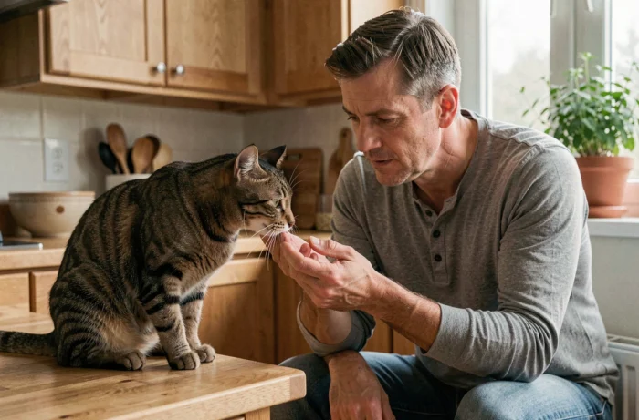 Homme en train de créer un lien de confiance avec son chat tigré dans une cuisine naturelle, illustrant la communication entre humain et félin