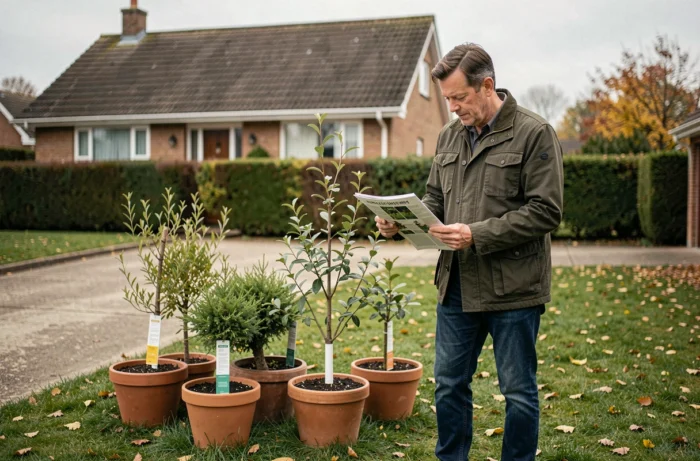 Homme comparant des espèces d'arbres en pot dans son jardin avant de choisir lequel planter près de sa maison