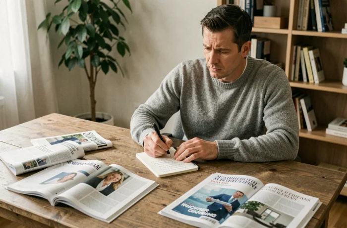 Homme comparant plusieurs magazines business sur son bureau à domicile avant de choisir un abonnement, avec des notes manuscrites