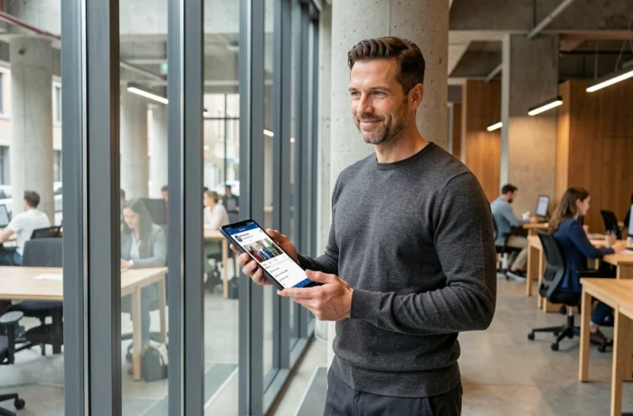 Homme d'affaires consultant une interface de gestion des réseaux sociaux sur tablette dans un espace de coworking moderne