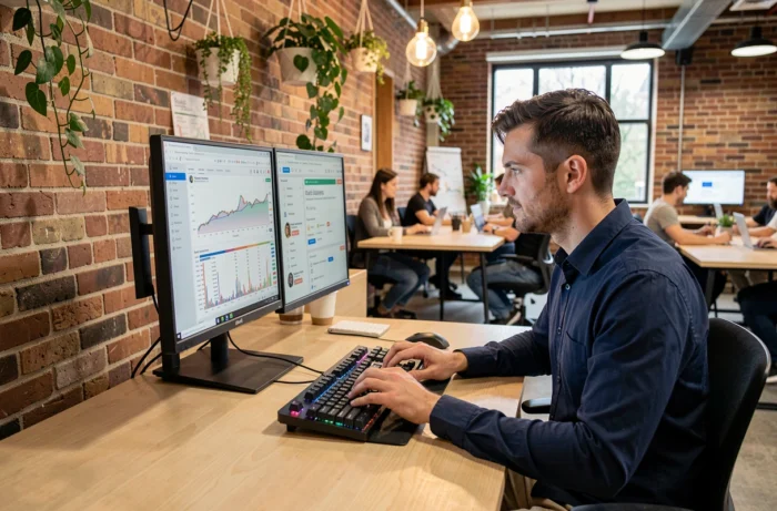 Homme en espace de coworking gérant ses revenus numériques sur ordinateur avec plusieurs écrans affichant des données financières