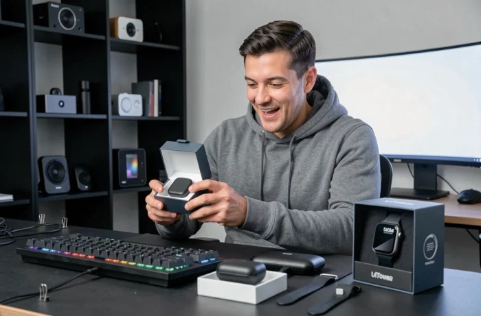 Un homme passionné de technologie examine un gadget high-tech dans un bureau moderne entouré de nouveautés geek