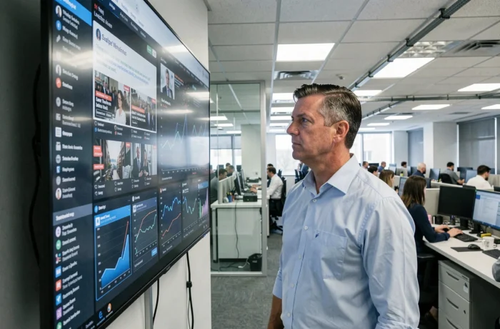 Homme dépassé face à un mur d'écrans d'informations dans un open space professionnel moderne