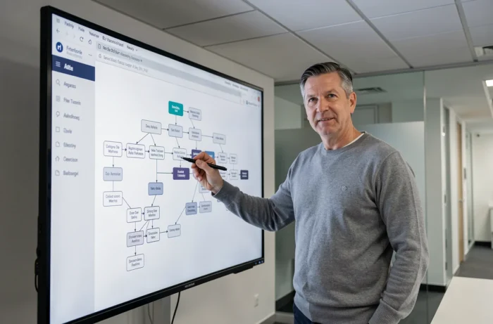 Homme d'affaires présentant l'architecture de navigation du plan du site IQ Business sur un tableau numérique