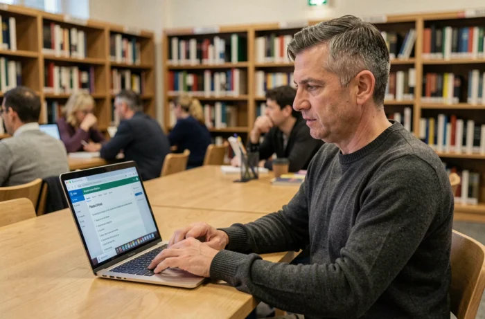 Homme d'âge moyen consultant un quiz politique sur ordinateur portable dans une bibliothèque