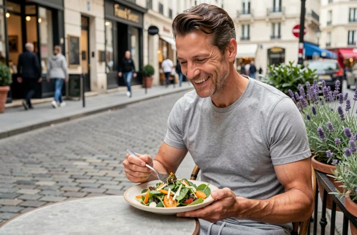 Homme souriant mangeant une salade fraîche en terrasse de café parisien dans un cadre urbain et détendu
