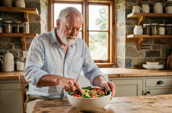 Homme senior préparant un repas sain et équilibré dans une cuisine rustique pour maintenir une bonne santé après 60 ans