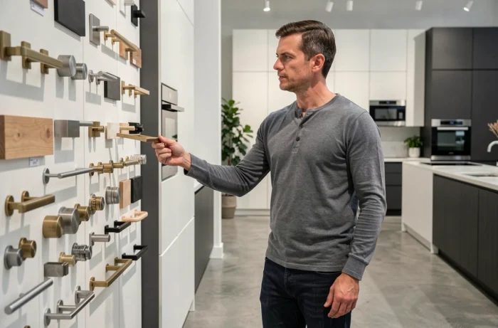 Homme en showroom cuisine comparant des poignées et accessoires en laiton brossé pour équiper sa cuisine moderne