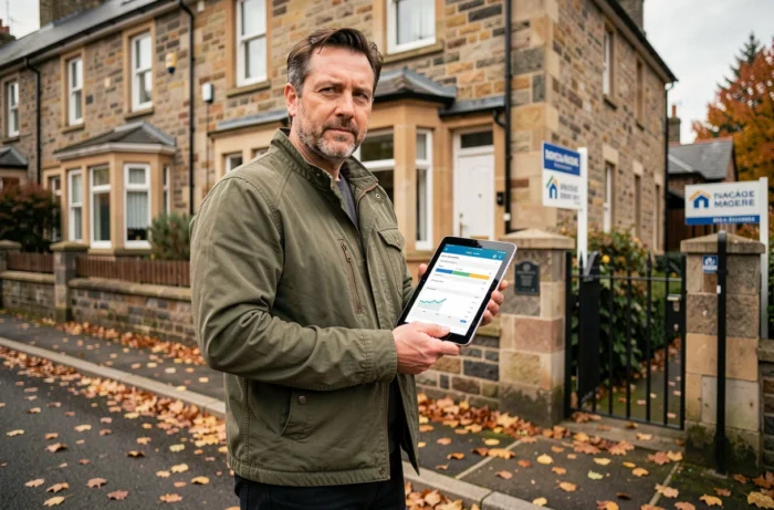 Homme consultant une simulation de prêt immobilier sur tablette devant une maison à vendre en automne