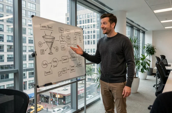 Spécialiste en marketing digital présentant une stratégie de contenu sur un tableau blanc dans un bureau moderne