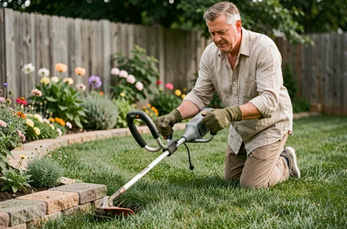 Homme utilisant un taille-bordure sans fil pour entretenir les bords d'une pelouse dans un jardin soigné