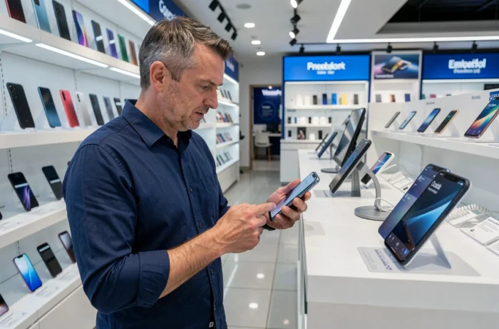Homme testant un smartphone en magasin d'électronique pour trouver le meilleur appareil selon les avis