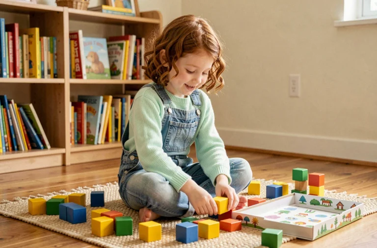 Jeune fille jouant avec des jouets éducatifs et un jeu de société sur le sol d'un salon familial chaleureux