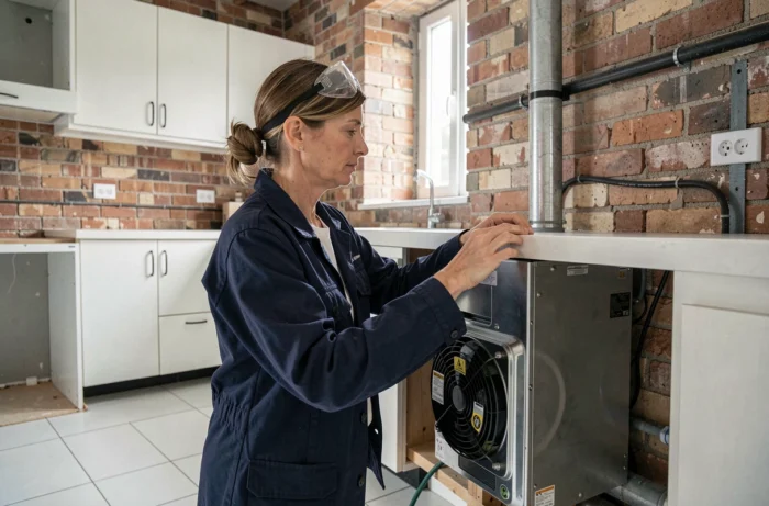 Technicienne installant un système de ventilation dans une cuisine en cours de rénovation moderne