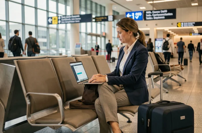 Employée Air France accédant à Intralignes depuis un terminal d'aéroport avec son ordinateur portable