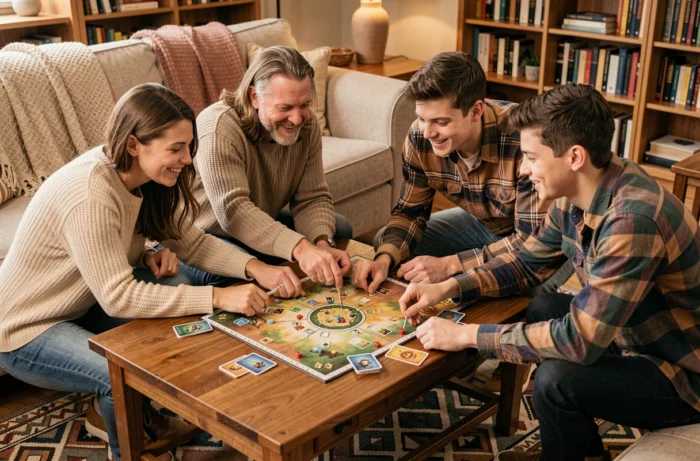 Famille jouant à un jeu de société dans un salon chaleureux lors d'un moment de loisir en famille
