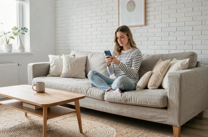Jeune femme décontractée parcourant un sitemap sur smartphone dans un salon scandinave
