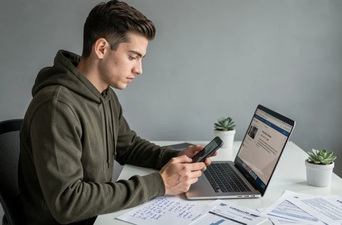 Jeune homme lisant des tests et avis de smartphones sur ordinateur avant de faire son choix